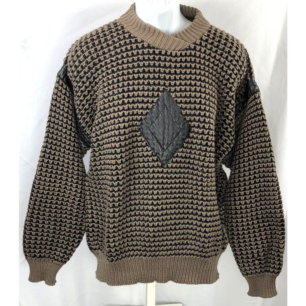 Vintage Fame chunky knit sweater XL brown blk faux leather patches 80s 90s Cosby